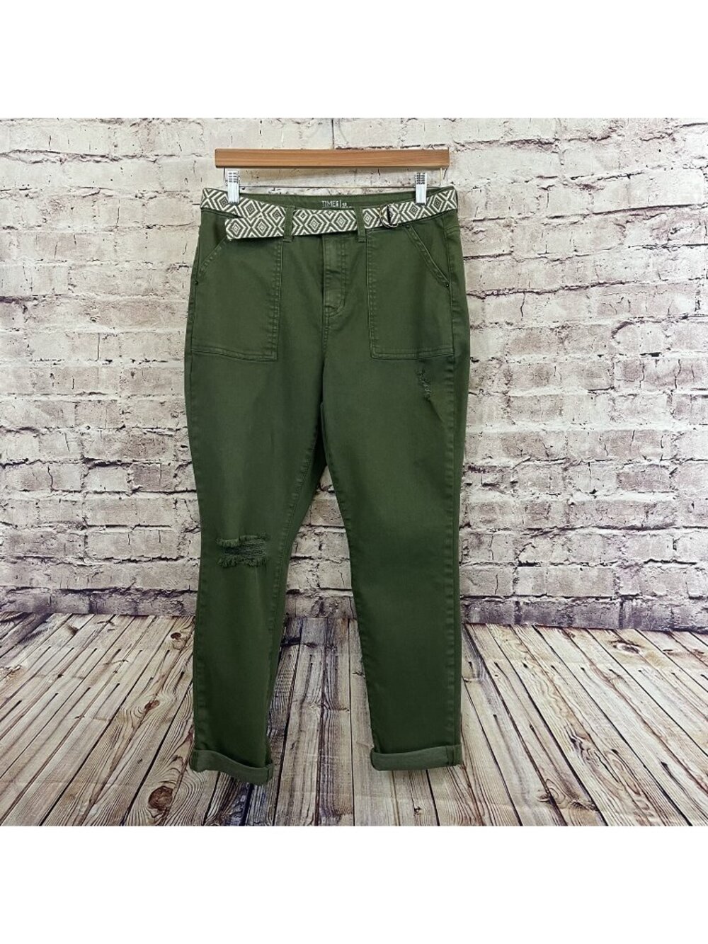 Time & Tru Green Distressed Belted High Rise Skinny Pants